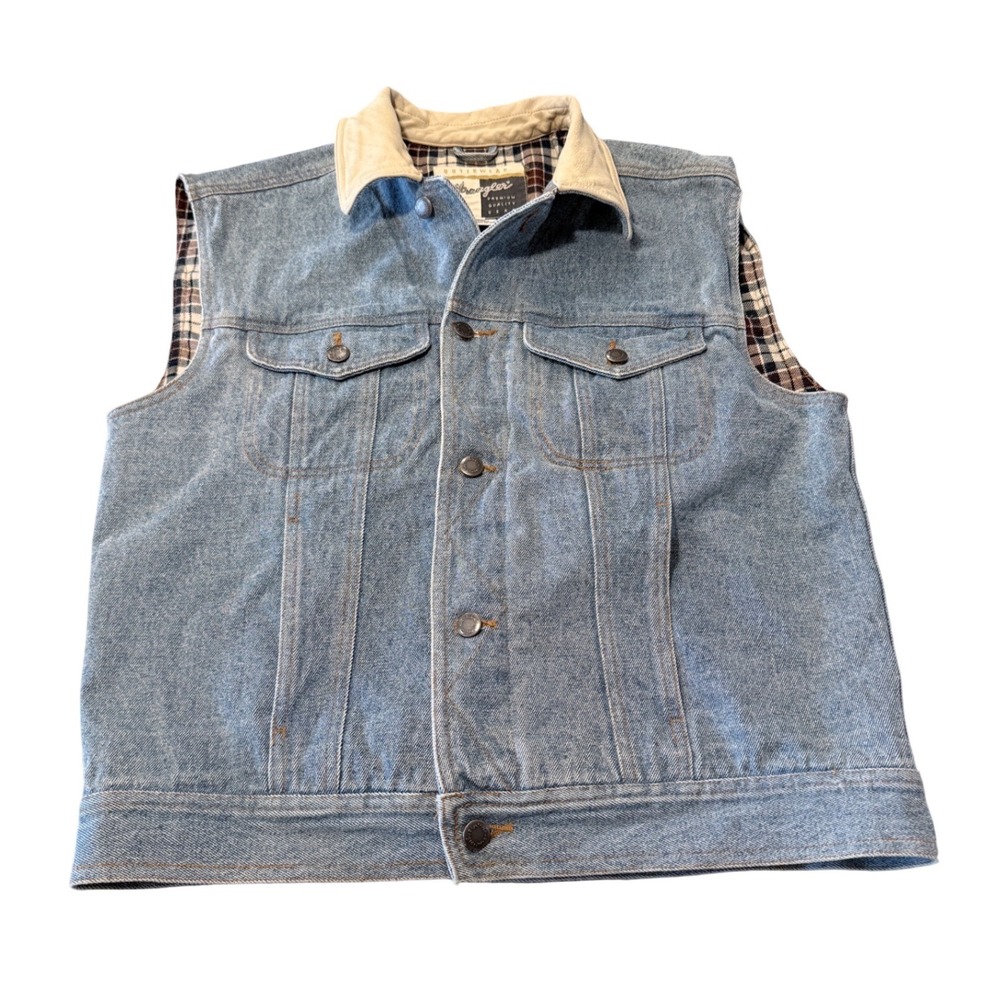Wrangler Premium Quality Gear Denim Vest Plaid Lined Light Wash Blue Mens Medium